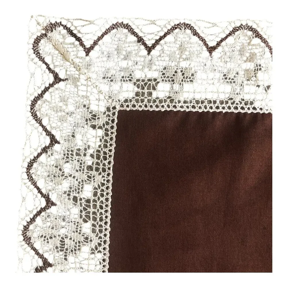 Vintage Brown Table Topper with White Crochet Lace Trim Square Tablecloth